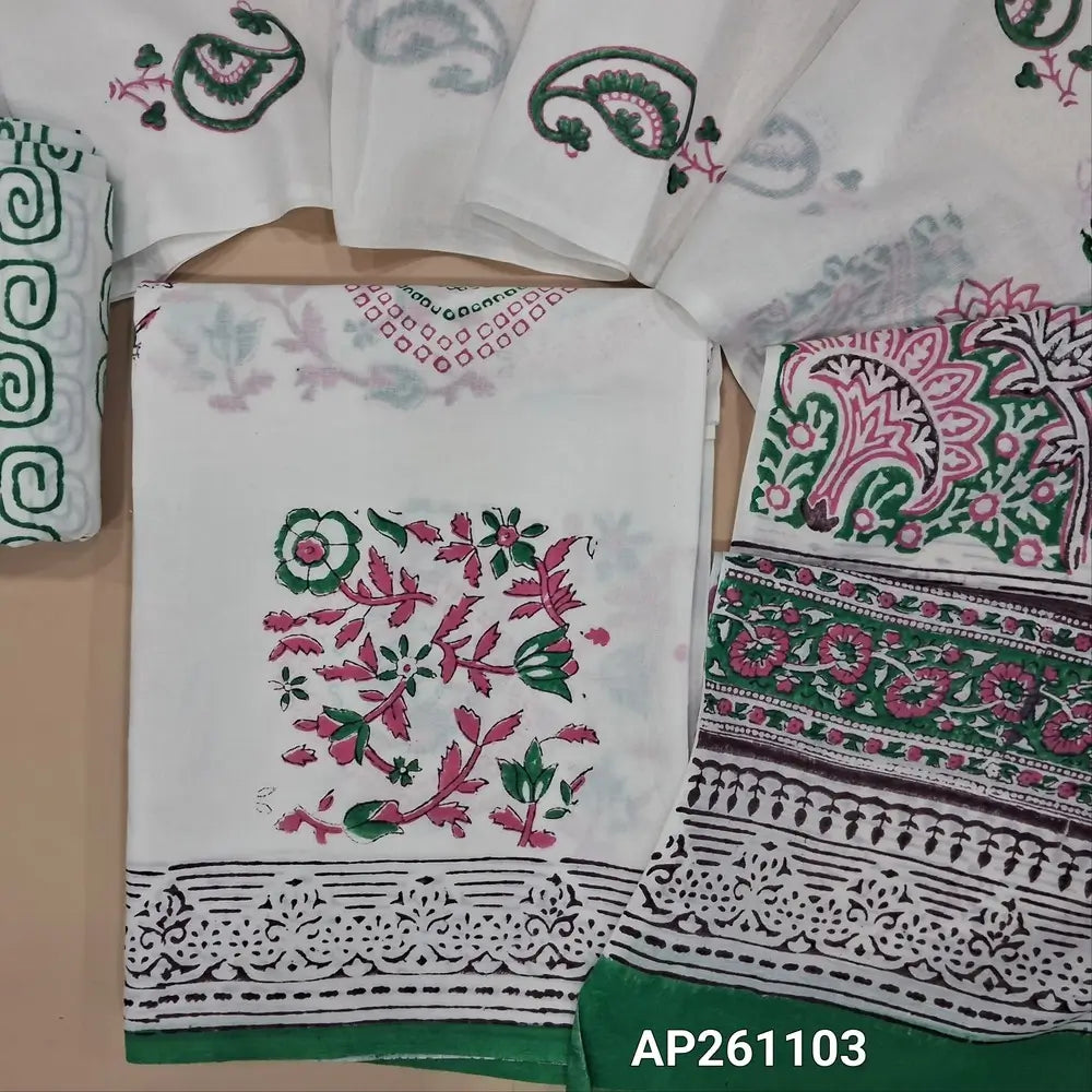 White & pink hand block printed pure mul cotton unstitched salwar material, (lining needed) hand block printed cotton bottom,block printed full length mul cotton dupatta.(TAPINGS NEEDED, INCONSISTENT PRINTS ARE NOT DEFECTS) AP261103