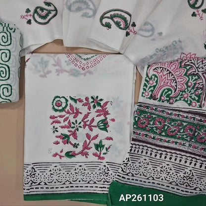 White & pink hand block printed pure mul cotton unstitched salwar material, (lining needed) hand block printed cotton bottom,block printed full length mul cotton dupatta.(TAPINGS NEEDED, INCONSISTENT PRINTS ARE NOT DEFECTS) AP261103