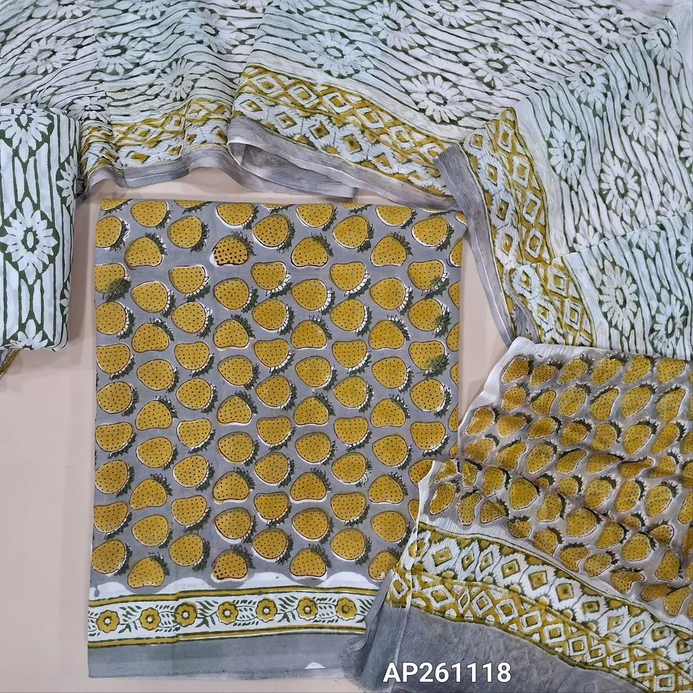 Grey hand block printed pure mul cotton unstitched salwar material, (lining needed) hand block printed cotton bottom,block printed full length chiffon dupatta. (TAPING NEEDED, INCONSISTENT PRINTS ARE NOT DEFECTS) AP261118