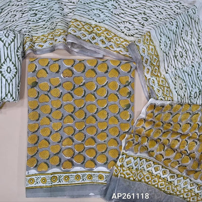 Grey hand block printed pure mul cotton unstitched salwar material, (lining needed) hand block printed cotton bottom,block printed full length chiffon dupatta. (TAPING NEEDED, INCONSISTENT PRINTS ARE NOT DEFECTS) AP261118