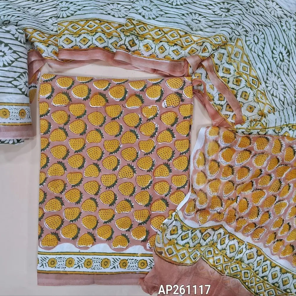 Onion pink hand block printed pure mul cotton unstitched salwar material, (lining needed) hand block printed cotton bottom,block printed full length chiffon dupatta. (TAPING NEEDED, INCONSISTENT PRINTS ARE NOT DEFECTS) AP261117