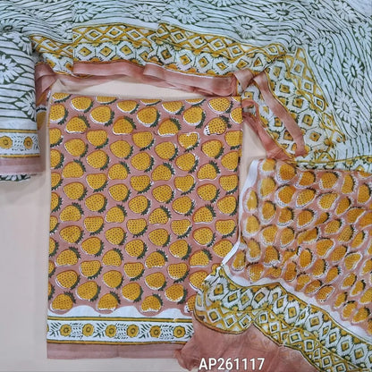Onion pink hand block printed pure mul cotton unstitched salwar material, (lining needed) hand block printed cotton bottom,block printed full length chiffon dupatta. (TAPING NEEDED, INCONSISTENT PRINTS ARE NOT DEFECTS) AP261117
