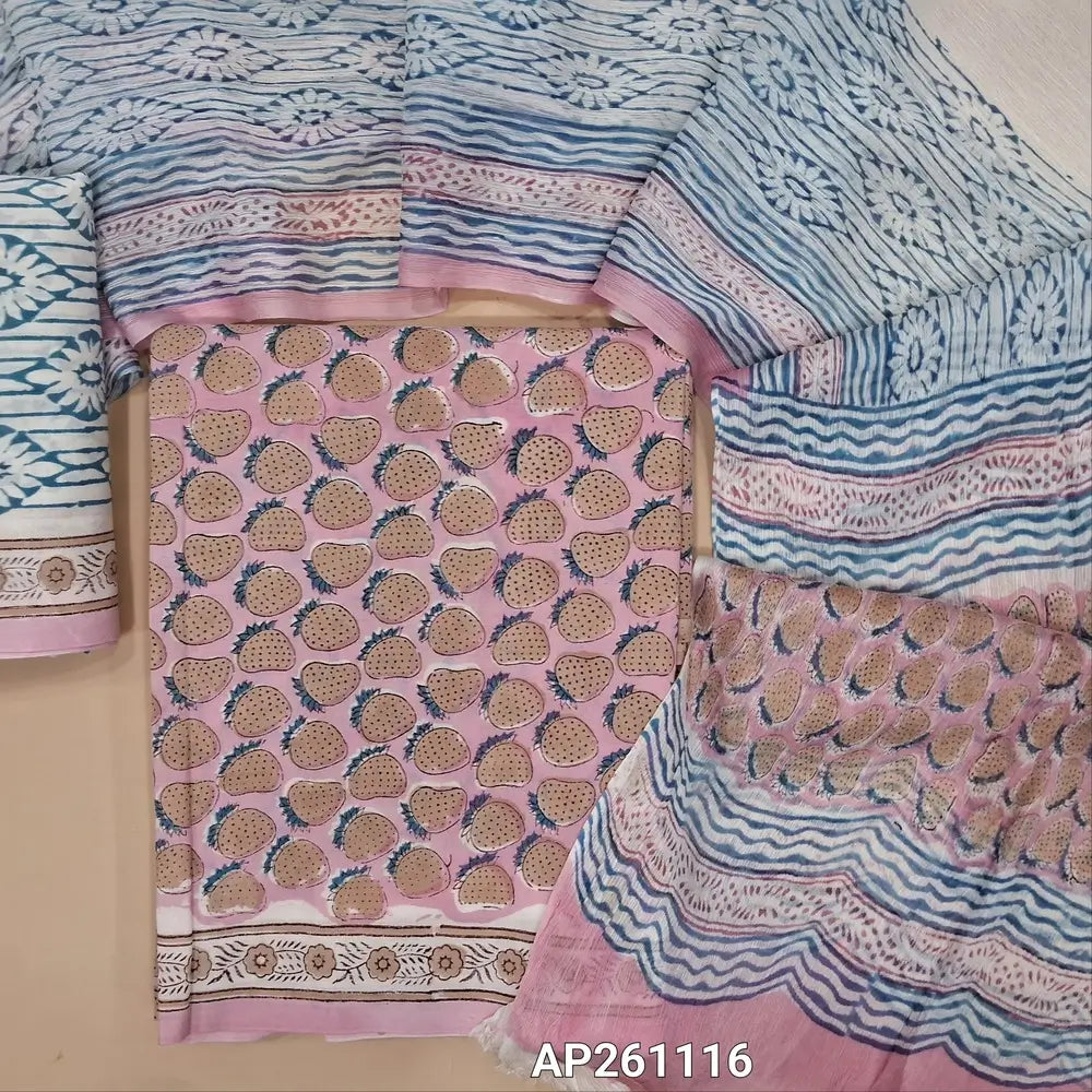 Pastel pink hand block printed pure mul cotton unstitched salwar material, (lining needed) hand block printed cotton bottom,block printed full length chiffon dupatta. (TAPING NEEDED, INCONSISTENT PRINTS ARE NOT DEFECTS) AP261116