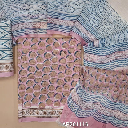 Pastel pink hand block printed pure mul cotton unstitched salwar material, (lining needed) hand block printed cotton bottom,block printed full length chiffon dupatta. (TAPING NEEDED, INCONSISTENT PRINTS ARE NOT DEFECTS) AP261116
