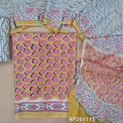 Pastel yellow hand block printed pure mul cotton unstitched salwar material, (lining needed) hand block printed cotton bottom,block printed full length chiffon dupatta. (TAPING NEEDED, INCONSISTENT PRINTS ARE NOT DEFECTS) AP261115