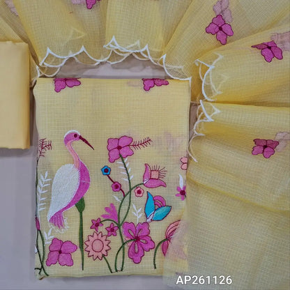 Pastel yellow premium kota unstitched salwar material,thread embroidery on front ,rich embroidery work on daman, (Lining Needed)cotton bottom, embroidery work on kota dupatta(TAPPING NEEDED). AP261126