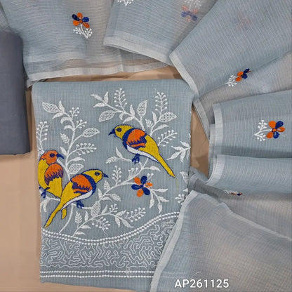 Light grey premium kota unstitched salwar material,embroidery work on front, rich embroidery work on daman(Lining Needed)cotton bottom,embroidery work on kota dupatta(TAPPING NEEDED). AP261125