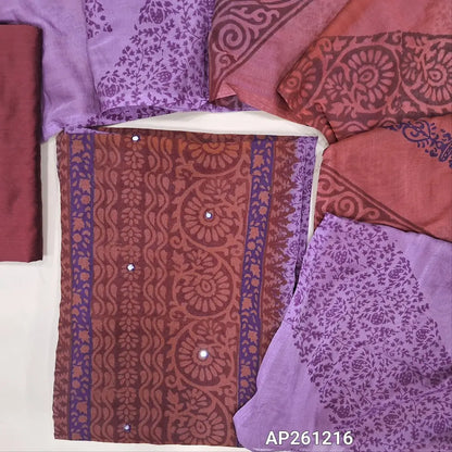 Maroon & light purple block printed premium georgette unstitched salwar material,(flowy, lining needed)panel design, faux mirror work on front, maroon silk cotton bottom, block printed dual shaded fancy chiffon dupatta.(TAPING NEEDED) AP261216