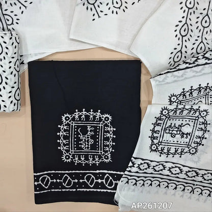 Black hand block printed pure mul cotton unstitched salwar material,(lining optional)hand block printed white cotton bottom,block printed full length mul cotton dupatta. (TAPINGS NEEDED, INCONSISTENT PRINTS ARE NOT DEFECTS) AP261207