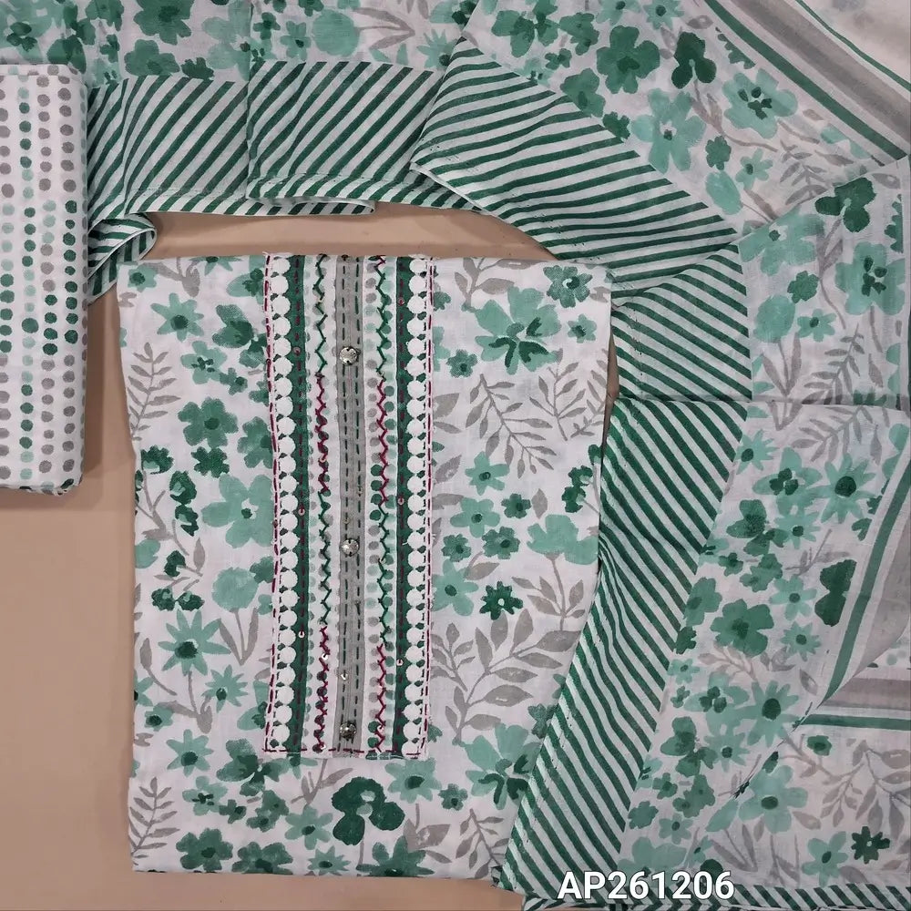 Teal green printed premium mul cotton unstitched salwar material,fancy buttons, kantha stitch work on yoke(soft,lining needed)printed cotton bottom,printed pure mul cotton full length duppata.(TAPING NEEEDED) AP261206
