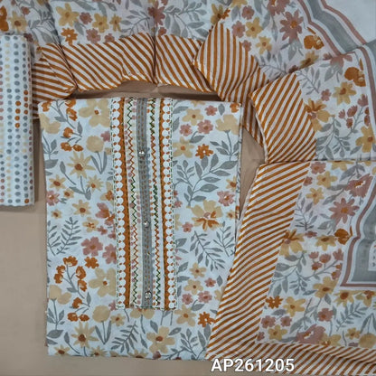 Yellow printed premium mul cotton unstitched salwar material,fancy buttons, kantha stitch work on yoke(soft,lining needed)printed cotton bottom,printed pure mul cotton full length duppata.(TAPING NEEEDED) AP261205