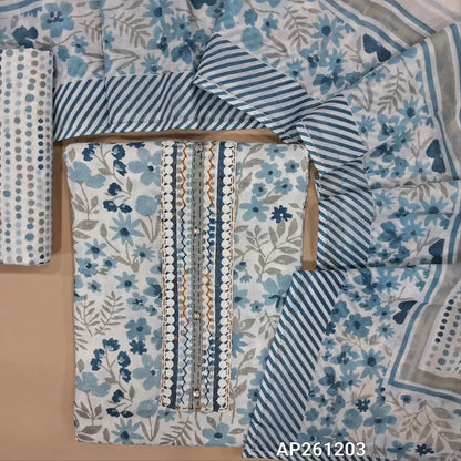 Blue printed premium mul cotton unstitched salwar material,fancy buttons, kantha stitch work on yoke(soft,lining needed)printed cotton bottom,printed pure mul cotton full length duppata.(TAPING NEEEDED) AP261203
