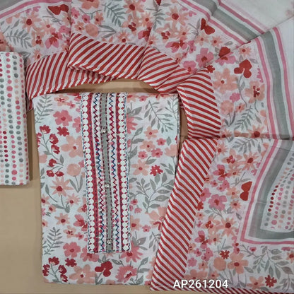 Pink printed premium mul cotton unstitched salwar material,fancy buttons, kantha stitch work on yoke(soft,lining needed)printed cotton bottom,printed pure mul cotton full length duppata.(TAPING NEEEDED) AP261204