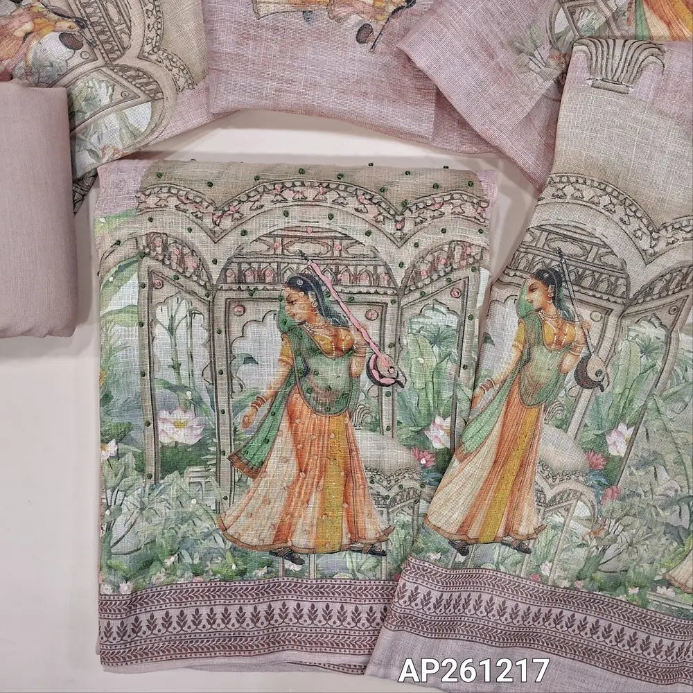 Light onion pink with golden tint tissue linen unstitched salwar material,printed yoke with french knot work,digital printed with hand embroidery work on daman,(thin, lining needed)spun cotton bottom,digital printed tissue linen dupatta. AP261217