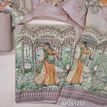 Light onion pink with golden tint tissue linen unstitched salwar material,printed yoke with french knot work,digital printed with hand embroidery work on daman,(thin, lining needed)spun cotton bottom,digital printed tissue linen dupatta. AP261217
