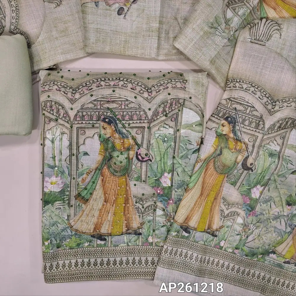 Rich beige with golden tint tissue linen unstitched salwar material,printed yoke with french knot work,digital printed with hand embroidery work on daman,(thin, lining needed)spun cotton bottom,digital printed tissue linen dupatta. AP261218