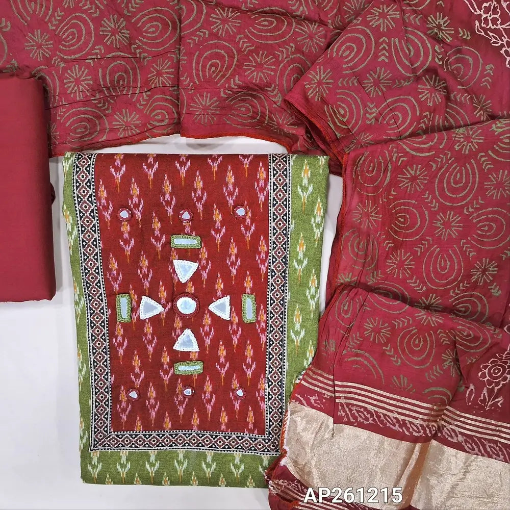 Ikat printed green soft cotton unstitched salwar material (lining optional) real mirror, printed on yoke, red spun cotton bottom, block printed fancy silk cotton dupatta with gold tissue border pallu. AP261215