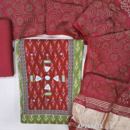 Ikat printed green soft cotton unstitched salwar material (lining optional) real mirror, printed on yoke, red spun cotton bottom, block printed fancy silk cotton dupatta with gold tissue border pallu. AP261215