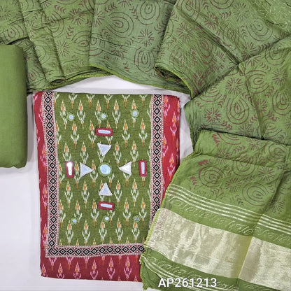 Ikat printed red soft cotton unstitched salwar material (lining optional) real mirror, printed on yoke,green spun cotton bottom, block printed fancy silk cotton dupatta with gold tissue border pallu. AP261213