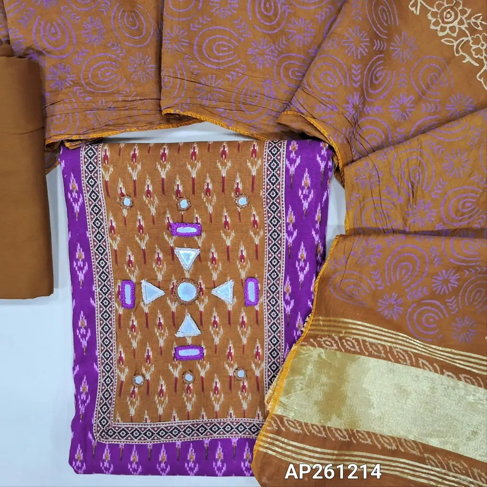 Ikat printed dark purple soft cotton unstitched salwar material (lining optional) real mirror, printed on yoke,yellow spun cotton bottom, block printed fancy silk cotton dupatta with gold tissue border pallu. AP261214