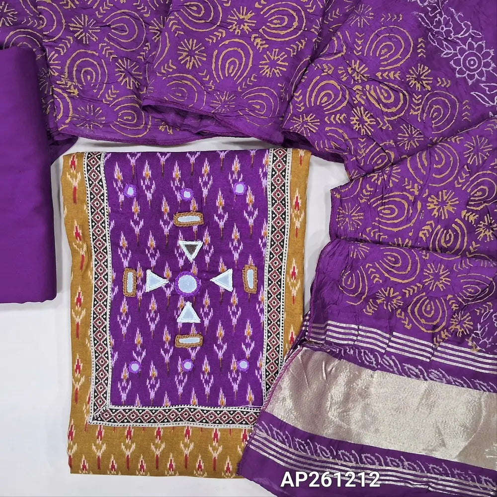 Ikat printed mehandhi yellow soft cotton unstitched salwar material (lining optional) real mirror, printed on yoke,purple spun cotton bottom, block printed fancy silk cotton dupatta with gold tissue border pallu. AP261212