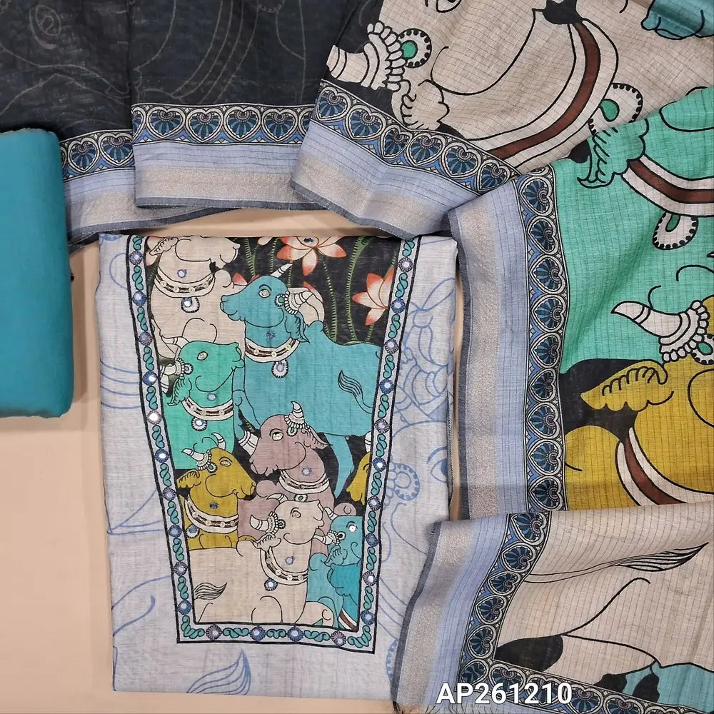 Designer pastel blue premium mul chanderi unstitched salwar material,pichawi design highlighted with sequins, faux mirror work on yoke (lining needed)printed all over,blue  spun cotton bottom, colourful pichwai design on mul chanderi dupatta. AP261210