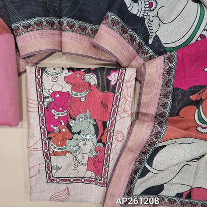 Designer pastel pink premium mul chanderi unstitched salwar material,pichawi design with sequins, faux mirror work on yoke ( soft,lining needed)printed all over,pink  spun cotton  bottom, colourful pichwai design on mul chanderi dupatta. AP261208