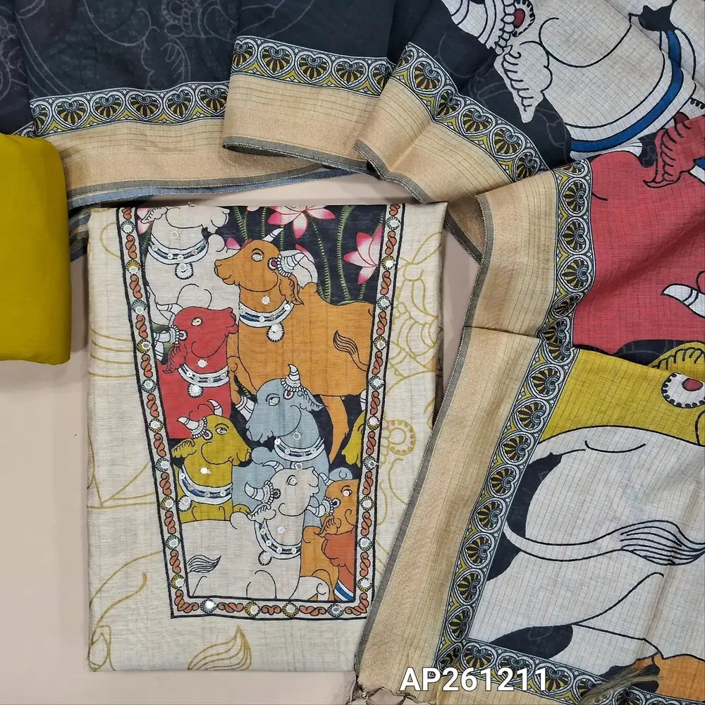 Designer light beige premium mul chanderi unstitched salwar material,pichawi design with sequins, faux mirror work on yoke (lining needed)printed all over, mehandhi green spun cotton bottom, colourful pichwai design on mul chanderi dupatta. AP261211