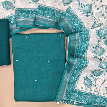 Teal blue semi linen unstitched salwar material,faux mirror work on front (textured, lining optional) silky bottom, self embroidery and printed on semi linen dupatta. AP261318