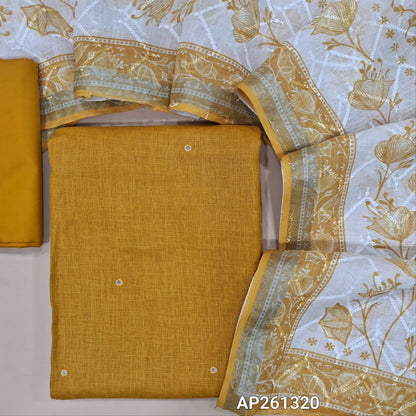 Mehandhi yellow semi linen unstitched salwar material,faux mirror work on front (textured, lining optional) silky bottom, self embroidery and printed on semi linen dupatta. AP261320