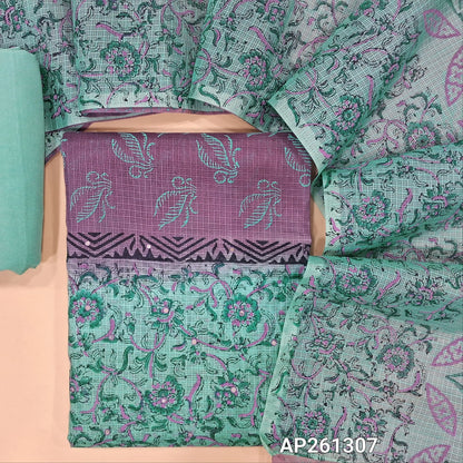 Pastel blue & purple block printed kota unstitched salwar material,faux mirror on front(Lining Needed) spun cotton bottom,block printed dual shaded kota dupatta. AP261307