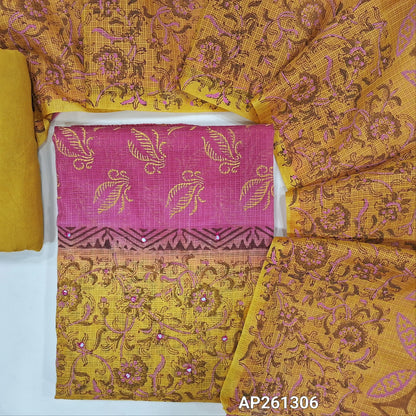 Mehandhi yellow & dark pink block printed kota unstitched salwar material,faux mirror on front(Lining Needed) spun cotton bottom,block printed dual shaded kota dupatta. AP261306