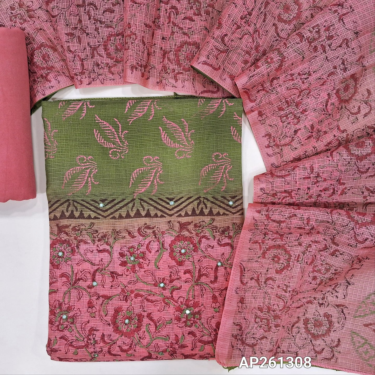 Pink  & green block printed kota unstitched salwar material,faux mirror on front(Lining Needed) spun cotton bottom,block printed dual shaded kota dupatta. AP261308
