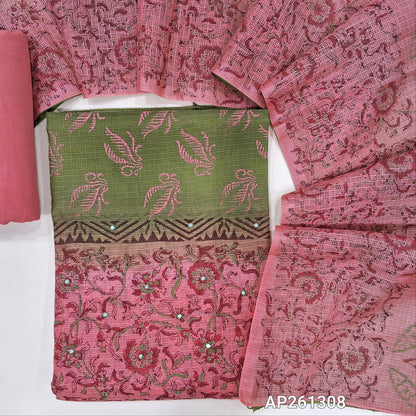 Pink  & green block printed kota unstitched salwar material,faux mirror on front(Lining Needed) spun cotton bottom,block printed dual shaded kota dupatta. AP261308