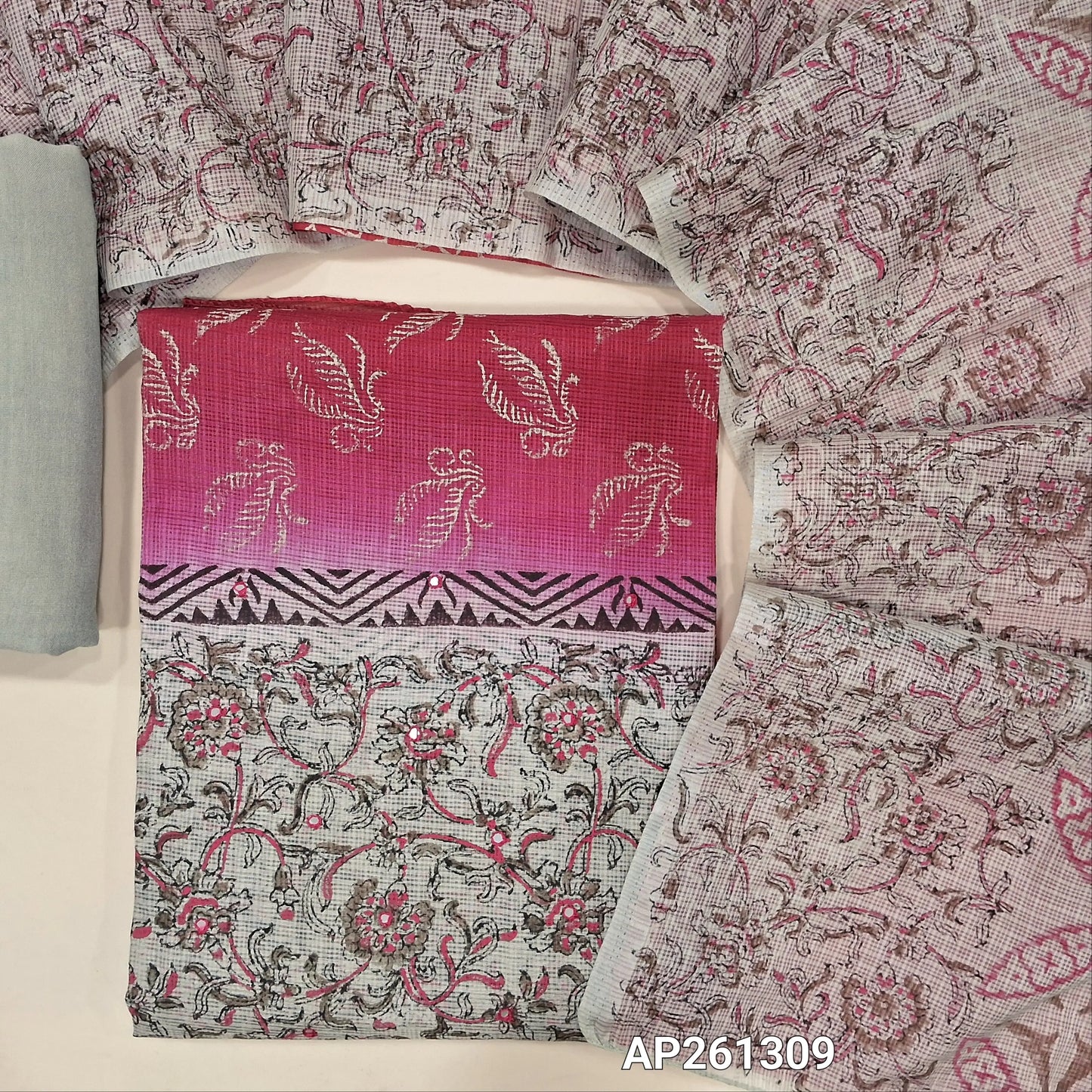 Light grey & pink block printed kota unstitched salwar material,faux mirror on front(Lining Needed) spun cotton bottom,block printed dual shaded kota dupatta. AP261309