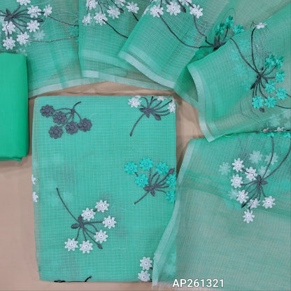 Sea blue premium kota unstitched salwar material,rich embroidery work on front (Lining Needed)matching cotton bottom,rich embroidery work on full length kota dupatta. AP261321