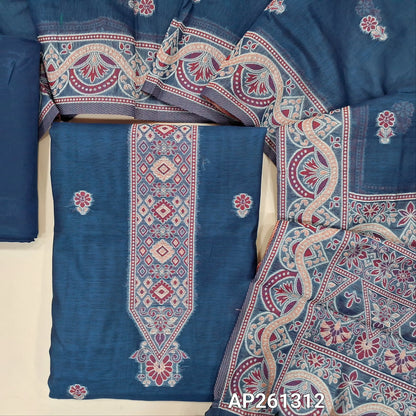Dark blue silk cotton unstitched salwar material, floral buttas on front,thread weaving design on yoke and daman, (Silky, Lining Needed) silky bottom,buttas on silk cotton dupatta with rich thread weaving on pallu and borders. AP261312