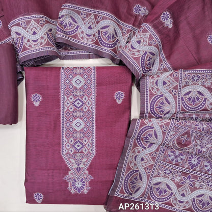 Beetroot purple silk cotton unstitched salwar material, floral buttas on front,thread weaving design on yoke and daman, (Silky, Lining Needed) silky bottom,buttas on silk cotton dupatta with rich thread weaving on pallu and borders. AP261313