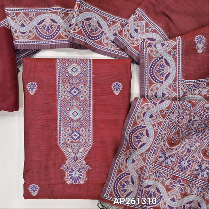 Reddish maroon silk cotton unstitched salwar material, floral buttas on front,thread weaving design on yoke and daman, (Silky, Lining Needed) silky bottom,buttas on silk cotton dupatta with rich thread weaving on pallu and borders. AP261310