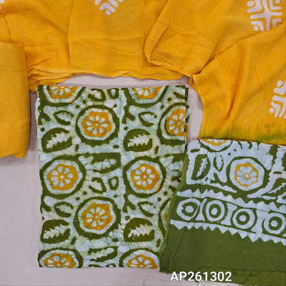 Green and yellow original batik dyed pure crepe georgette unstitched salwar material (Lining Needed), matching santoon bottom, pure crepe georgette dual shaded dupatta (TAPINGS NEEDED). AP261302