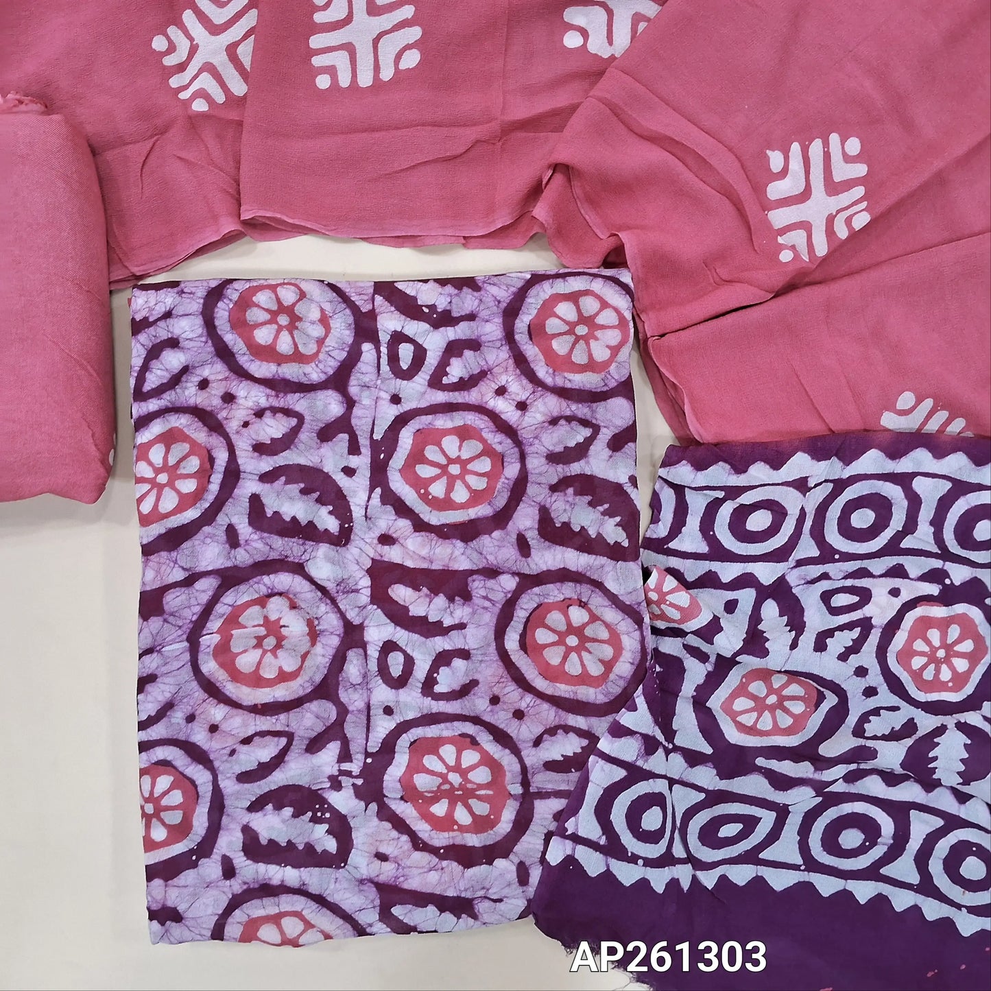 Purple and pink original batik dyed pure crepe georgette unstitched salwar material (Lining Needed), matching santoon bottom, pure crepe georgette dual shaded dupatta (TAPINGS NEEDED). AP261303