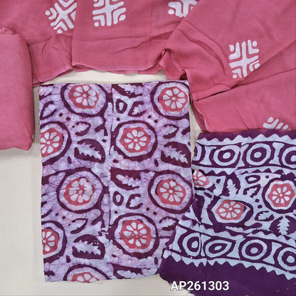 Purple and pink original batik dyed pure crepe georgette unstitched salwar material (Lining Needed), matching santoon bottom, pure crepe georgette dual shaded dupatta (TAPINGS NEEDED). AP261303