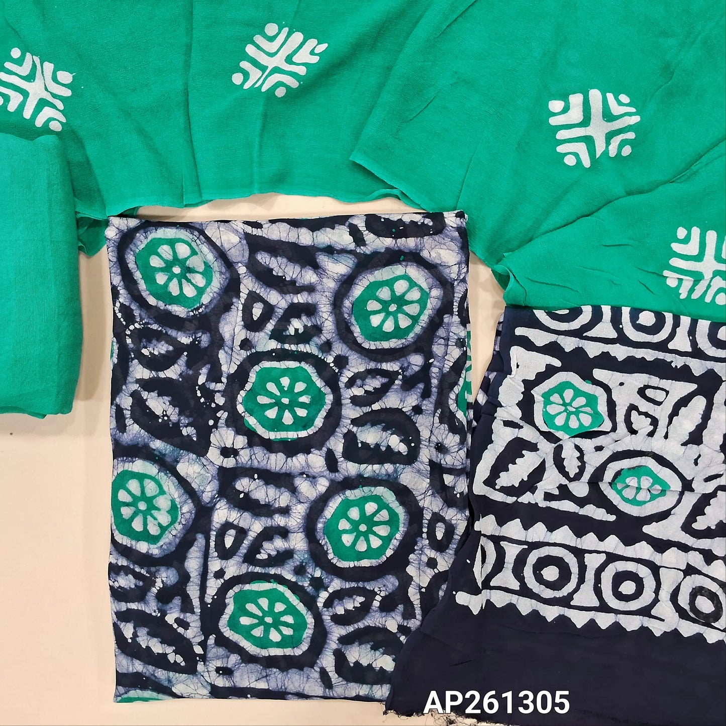 Dark blue and turquoise green original batik dyed pure crepe georgette unstitched salwar material (Lining Needed), matching santoon bottom, pure crepe georgette dual shaded dupatta (TAPINGS NEEDED). AP261305