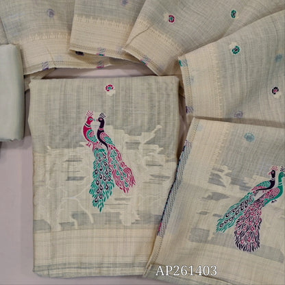 Light beige silk cotton unstitched salwar material, floral buttas on front,thread weaving design on daman, (Silky, Lining Needed)silky bottom, thread weaving on soft silk cotton dupatta with thread woven borders. AP261403