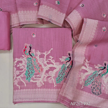 Pastel pink silk cotton unstitched salwar material, floral buttas on front,thread weaving design on daman, (Silky, Lining Needed)silky bottom, thread weaving on soft silk cotton dupatta with thread woven borders. AP261402