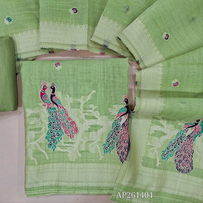 Pastel green silk cotton unstitched salwar material, floral buttas on front,thread weaving design on daman, (Silky, Lining Needed)silky bottom, thread weaving on soft silk cotton dupatta with thread woven borders. AP261404