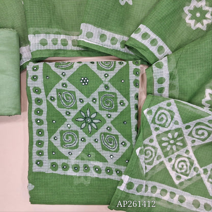 Sage green pure kota unstitched salwar material,wax batik yoke with thread and faux mirror,wax batik printed allover,(thin, lining needed)matching silky fabric provided for both bottom and lining, batik design on kota silk cotton dupatta. AP261412