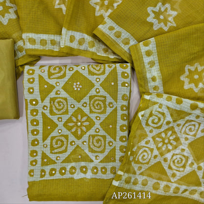 Mehandhi green pure kota unstitched salwar material,wax batik yoke with thread and faux mirror,wax batik printed allover,(thin, lining needed)matching silky fabric provided for both bottom and lining, batik design on kota silk cotton dupatta. AP261414