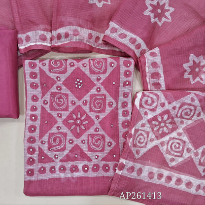 Pink pure kota unstitched salwar material,wax batik yoke with thread and faux mirror,wax batik printed allover,(thin, lining needed)matching silky fabric provided for both bottom and lining, batik design on kota silk cotton dupatta. AP261413