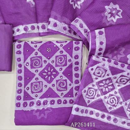 Purple pure kota unstitched salwar material,wax batik yoke with thread and faux mirror,wax batik printed allover,(thin, lining needed)matching silky fabric provided for both bottom and lining, batik design on kota silk cotton dupatta. AP261411
